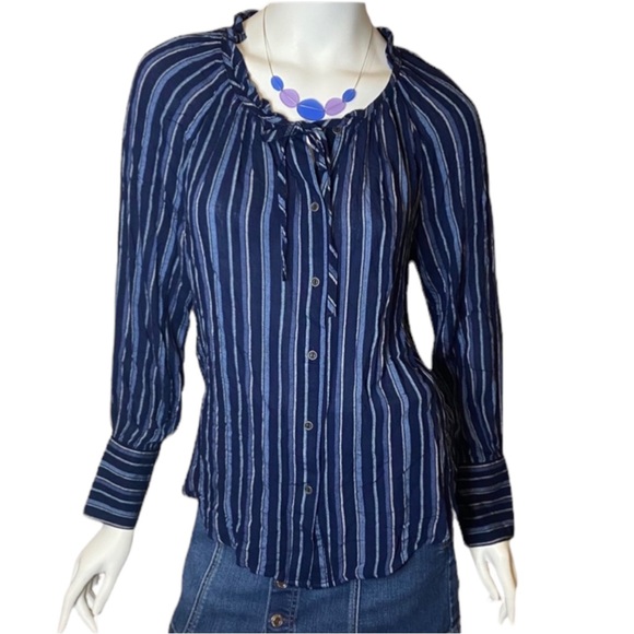 New A.N.A. Gwen Stripe Navy Boho Long Sleeve Blouse Size Small - Picture 1 of 8